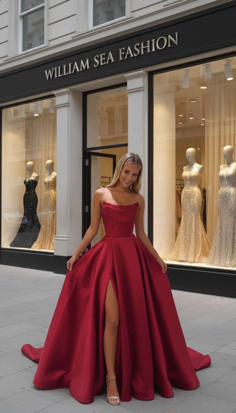 Woman in a red evening gown standing in front of William Sea Fashion store

