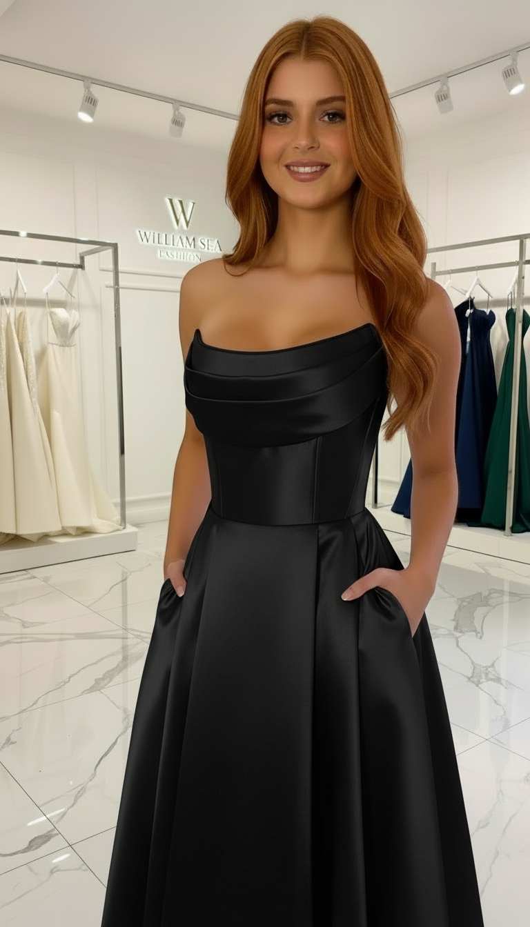 Strapless Draped Satin Evening Gown | Black White Yellow - Long & Midi