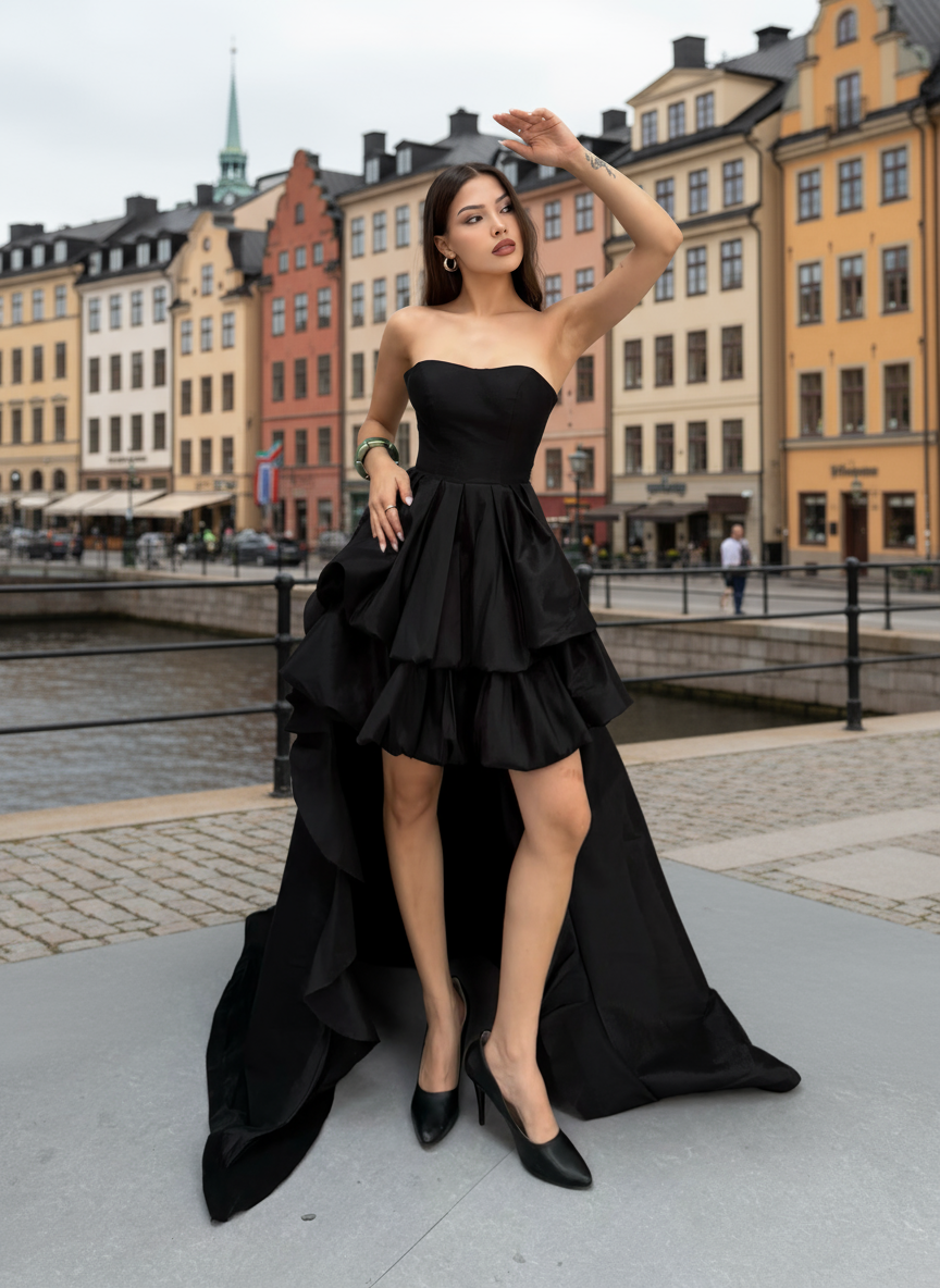 Woman in a black strapless dress with a high-low hem in an urban setting.