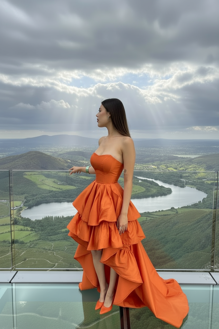 Woman in an orange dress standing on a balcony with a scenic view of a river and mountains.