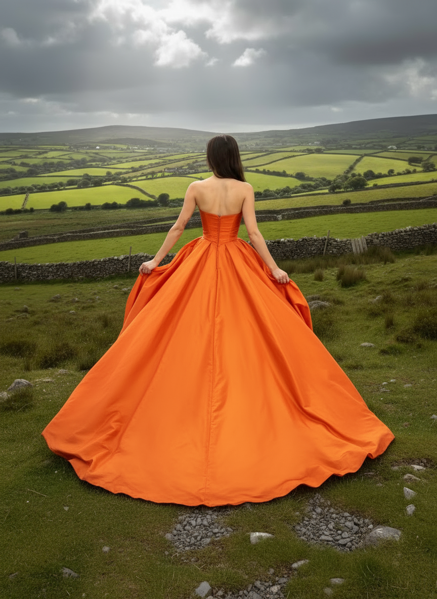 Woman in an orange dress standing in a green field with a cloudy sky