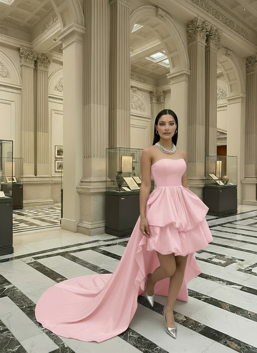 Woman in a pink strapless gown standing in an elegant interior setting