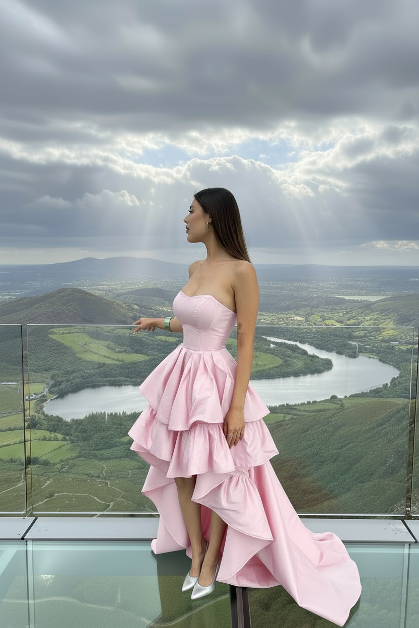 Woman in a pink dress standing on a balcony overlooking a scenic landscape with mountains and a river.