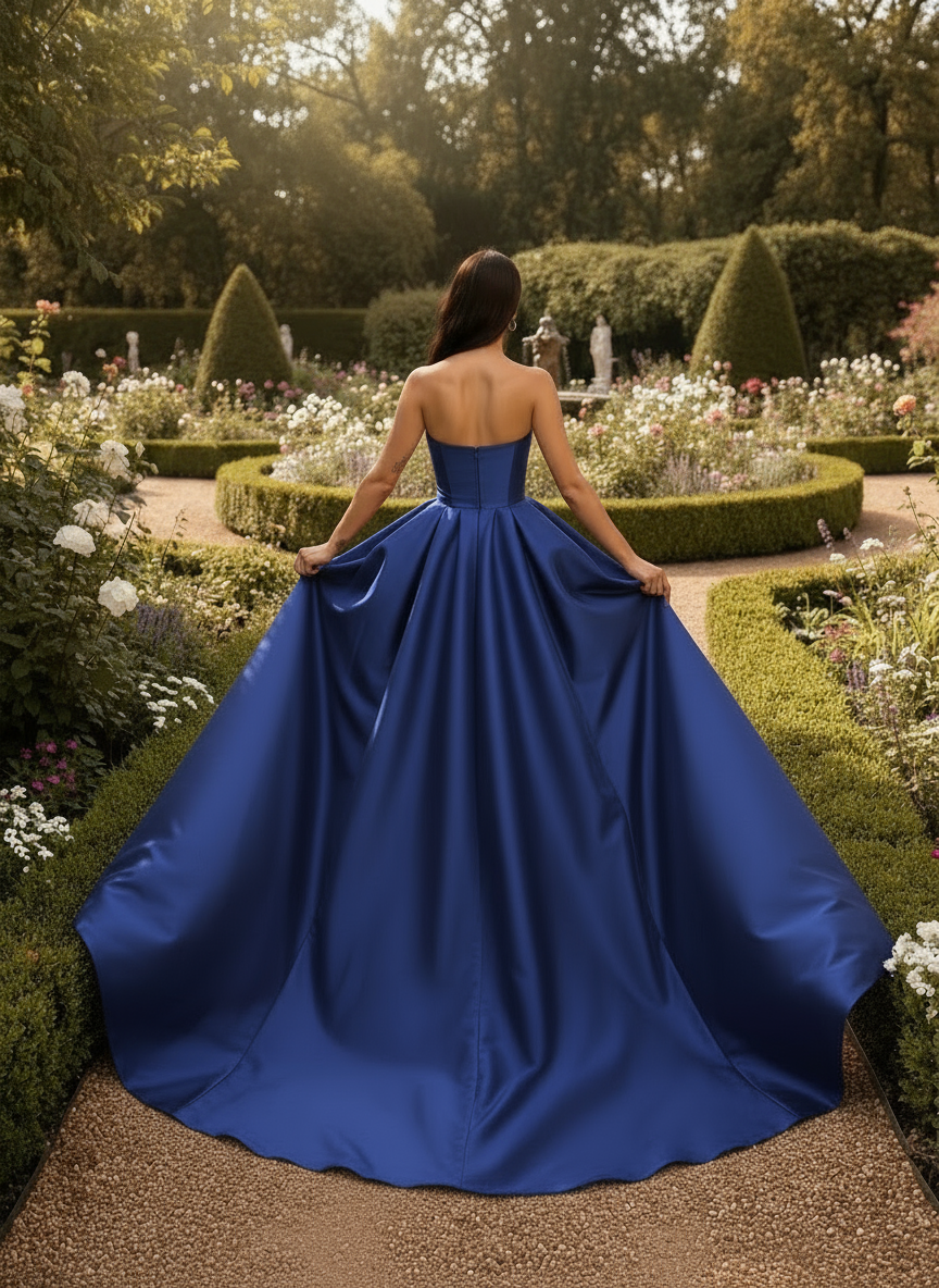 Woman in a blue gown standing in a garden