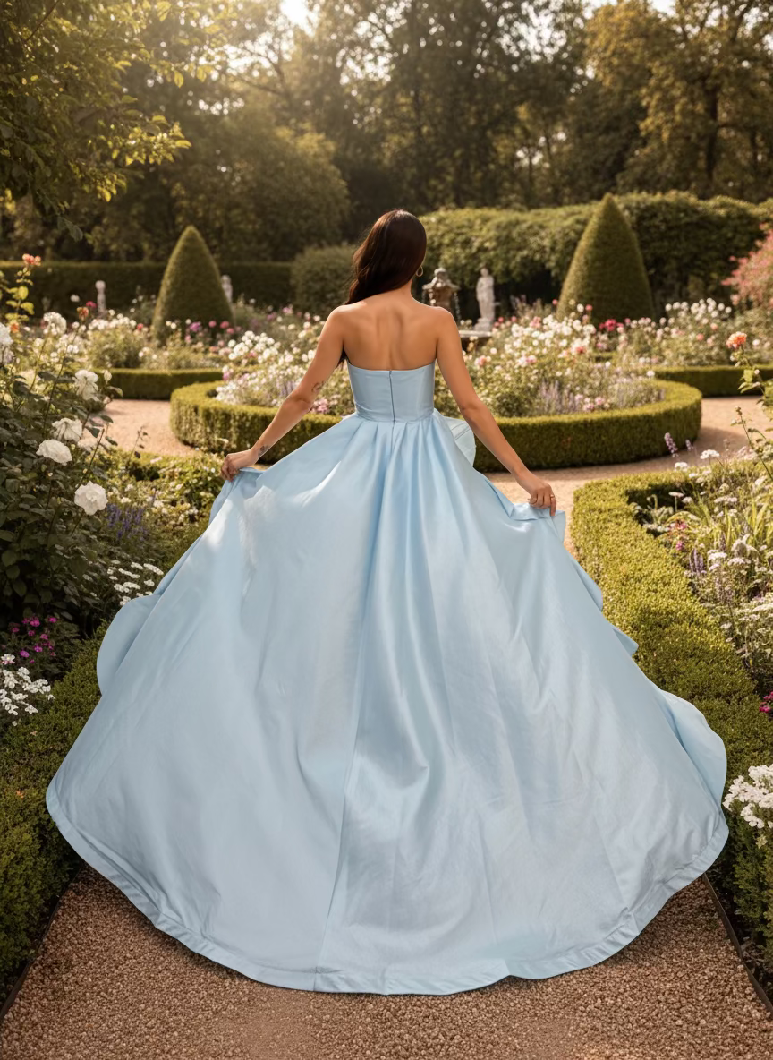 Woman in a light blue dress standing in a garden with manicured hedges and flowers.