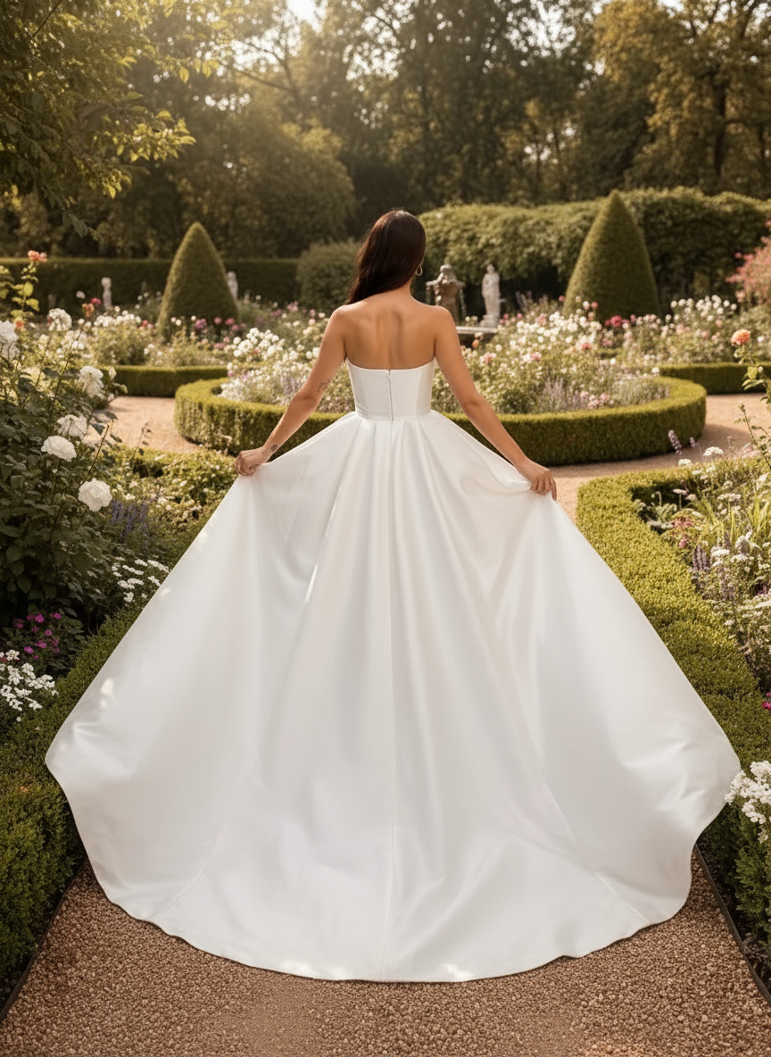 Woman in a white wedding dress standing in a garden