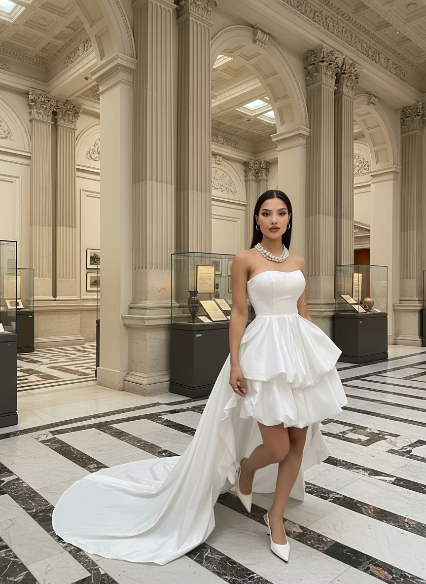 Woman in a white dress standing in an elegant interior setting with columns and marble floors.