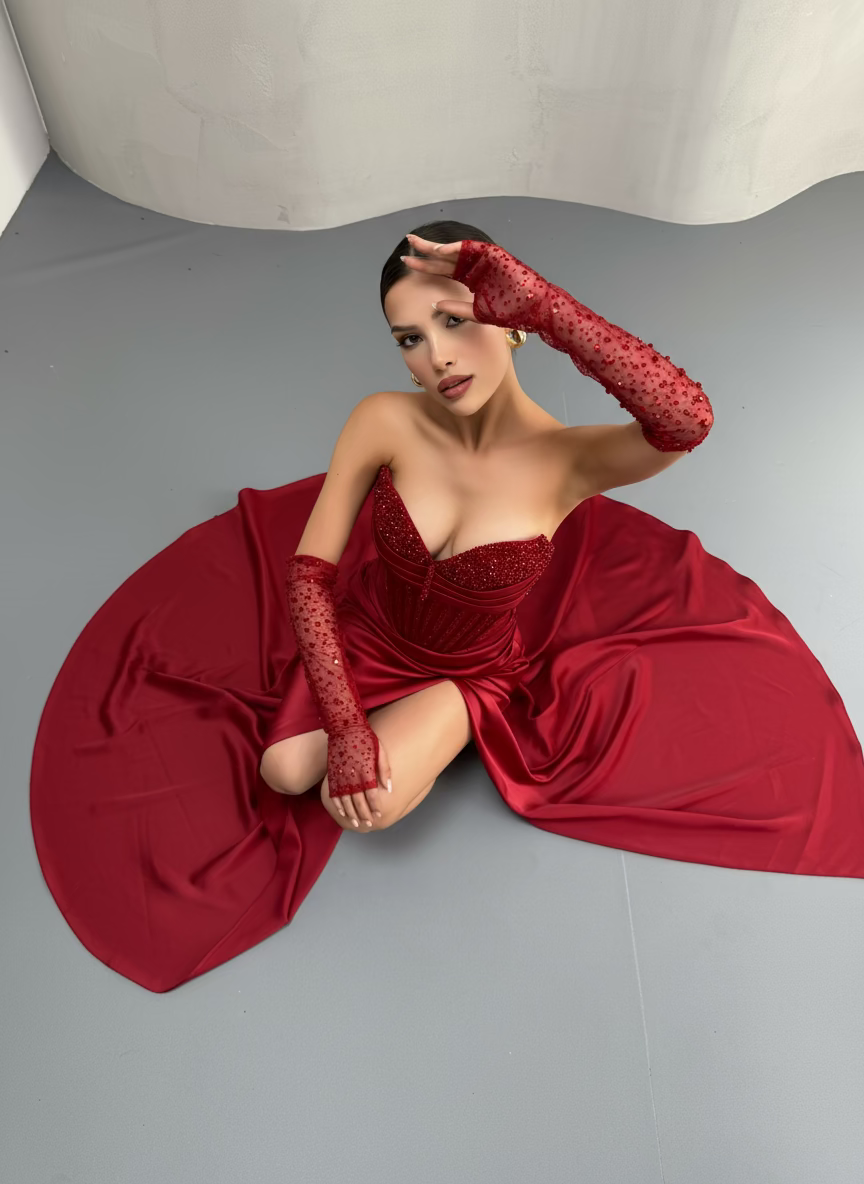 Luxury Mermaid Gown with Crystal Embellished Sleeves - Red & Beige