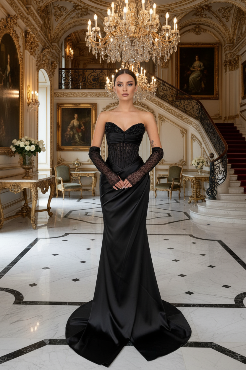 Woman in a black evening gown standing in an opulent interior setting with chandeliers and artwork.