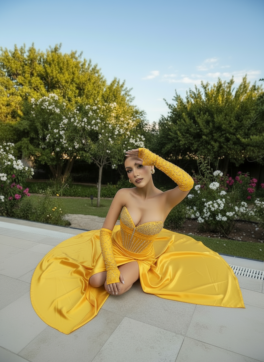 Woman in a yellow dress sitting outdoors with greenery and flowers in the background