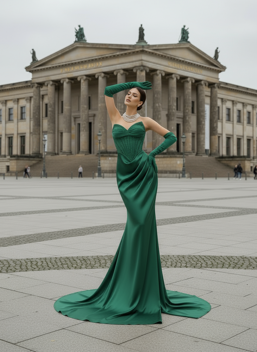 Woman in a green evening gown standing in front of a classical building.
