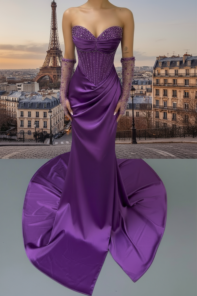 Purple evening gown with matching gloves on a neutral background