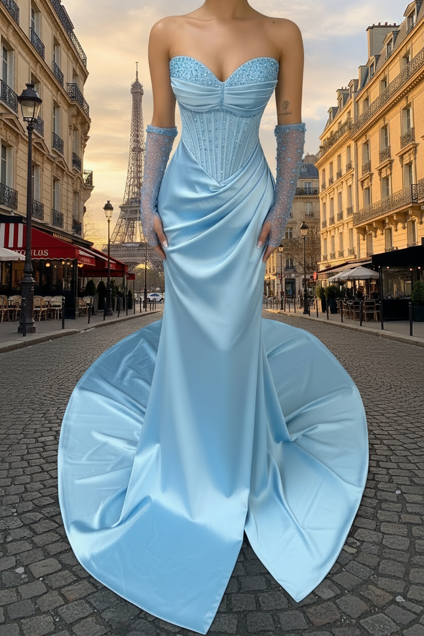 Sky BlueEvening gown with matching gloves on a neutral background