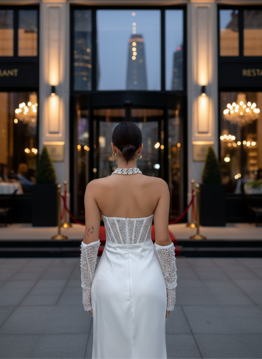 Woman in a white dress with lace sleeves standing in front of a building entrance.