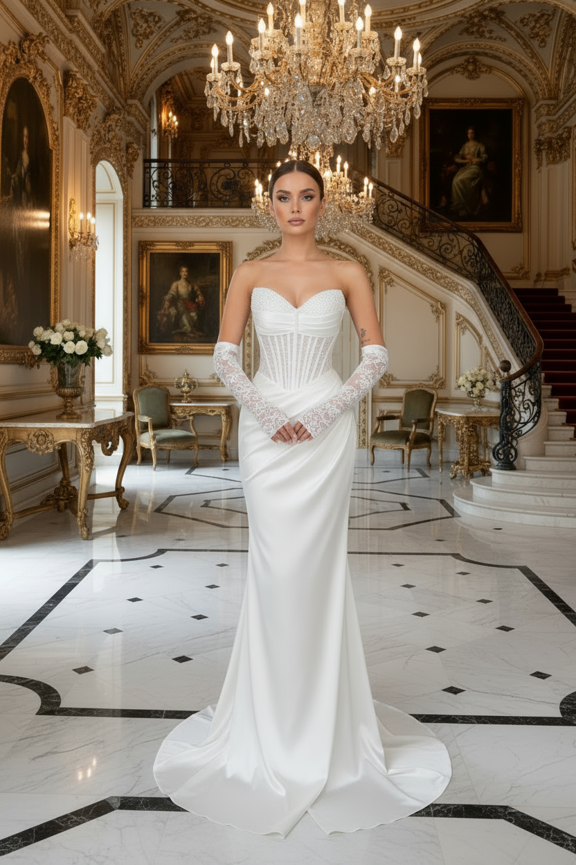 Woman in a white wedding dress standing in an elegant interior setting with chandeliers and marble floors.