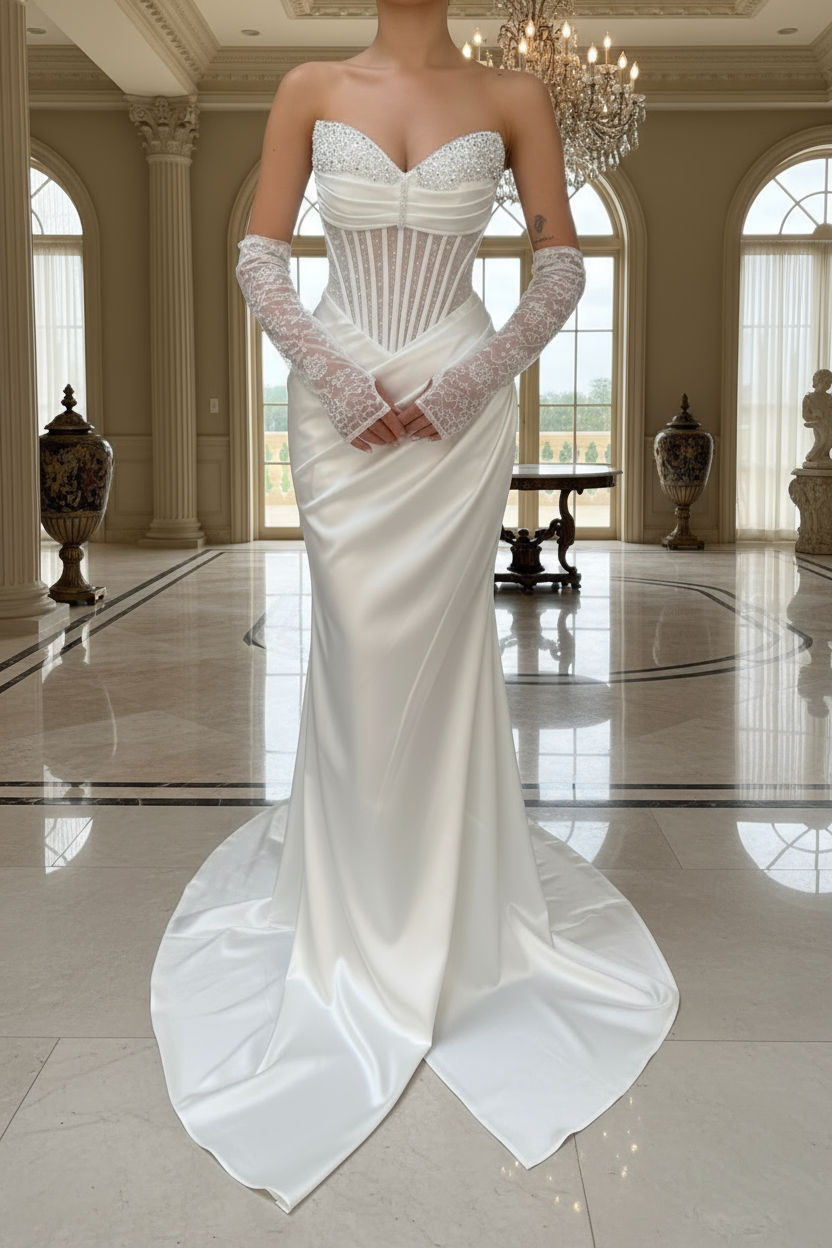 White wedding dress with lace gloves in a grand room with high ceilings and large windows.