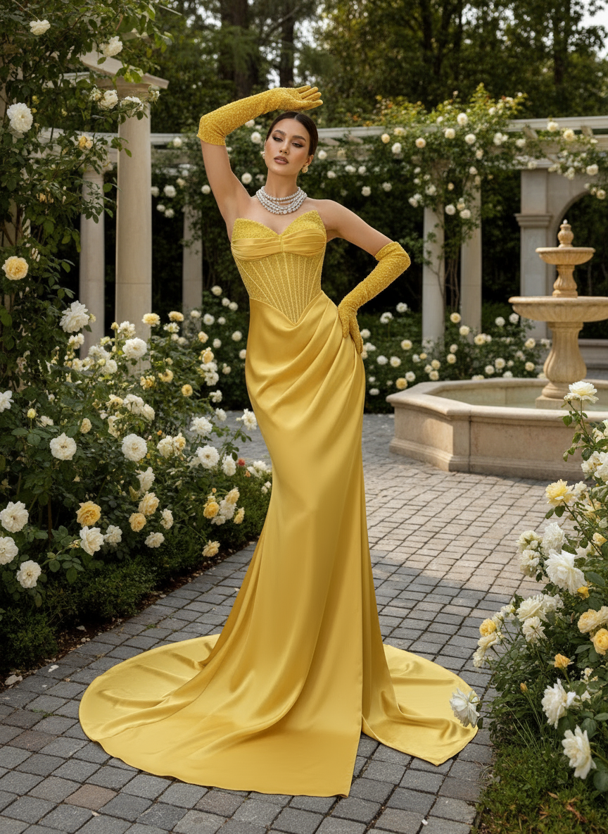 Woman in a yellow evening gown with a long train, standing against a plain background.