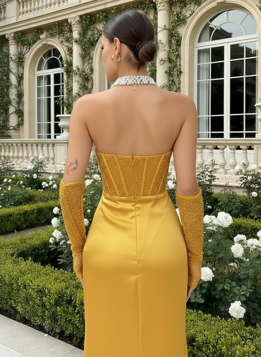 Woman in a yellow dress with long sleeves standing in front of an elegant building.