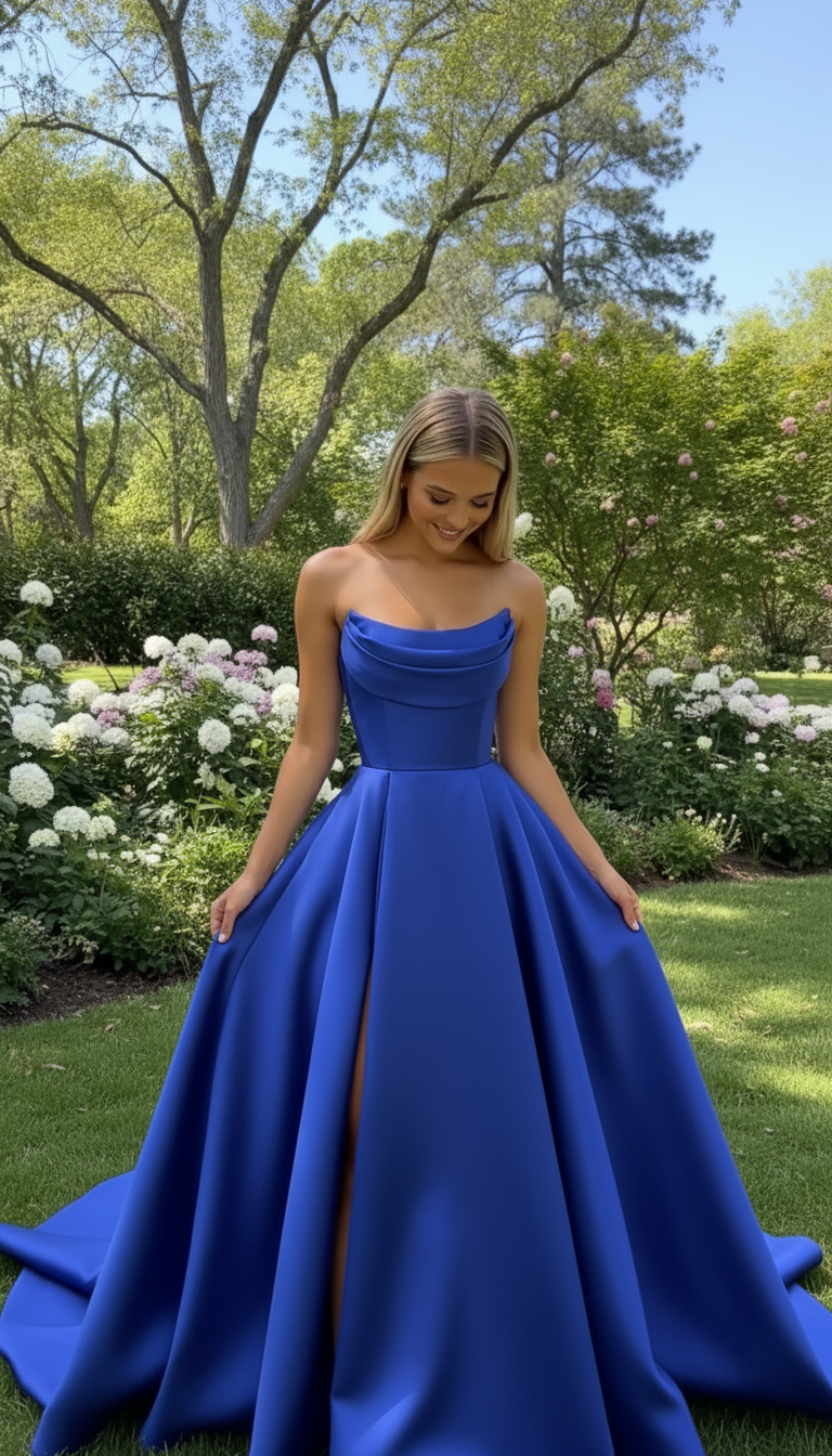 Woman in a blue gown standing outdoors with greenery and flowers in the background