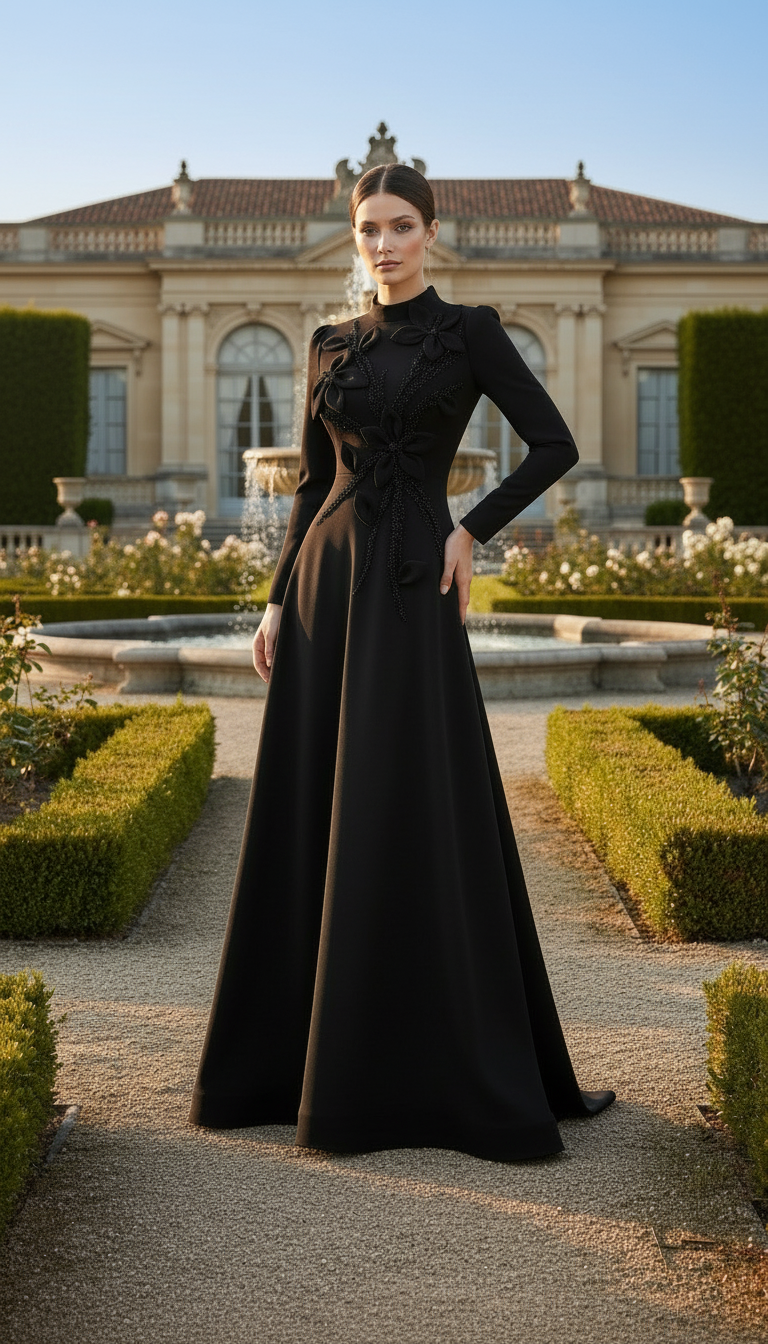Woman in a black dress standing in a garden with classical architecture in the background