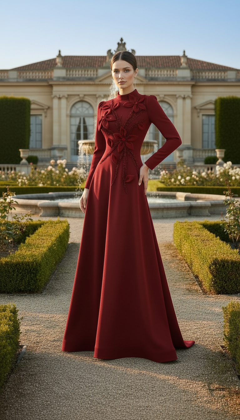 Woman in a red dress standing in a garden with a classical building in the background