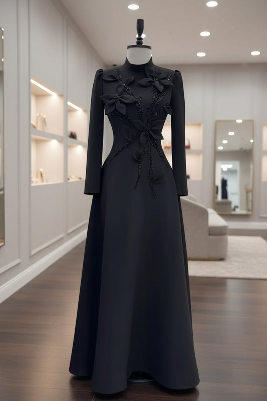 Elegant Long Sleeve Princess Dress with Floral Embellishment