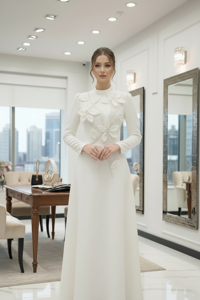 Woman in a white dress standing in a modern room with cityscape view