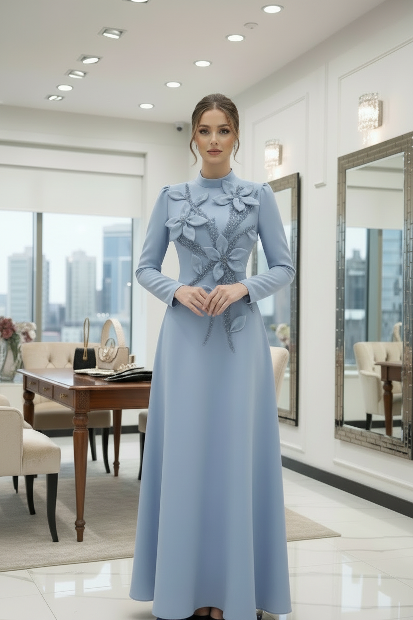 Woman in a light blue dress standing in a modern office setting.