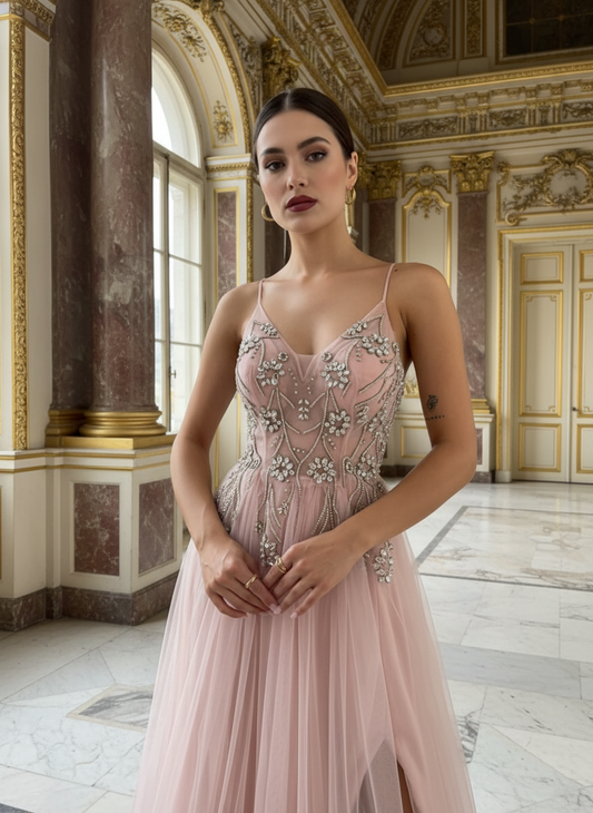 Blush Pink Crystal Embellished Tulle Gown with Lace-Up Back - Custom Order