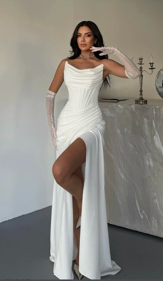 White Cowl Neck Pearl Embellished Satin Evening Gown - Made to Order