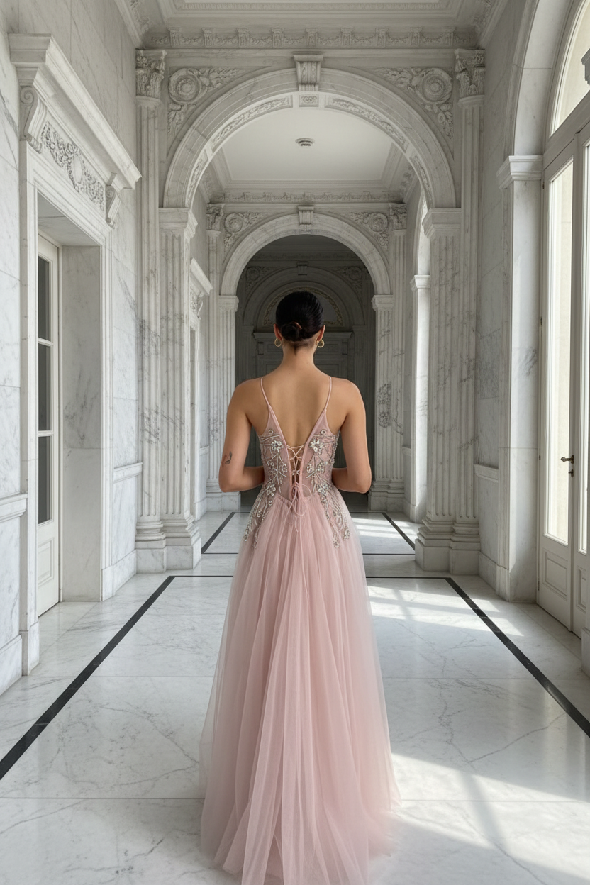 Blush Pink Crystal Embellished Tulle Gown with Lace-Up Back - Custom Order