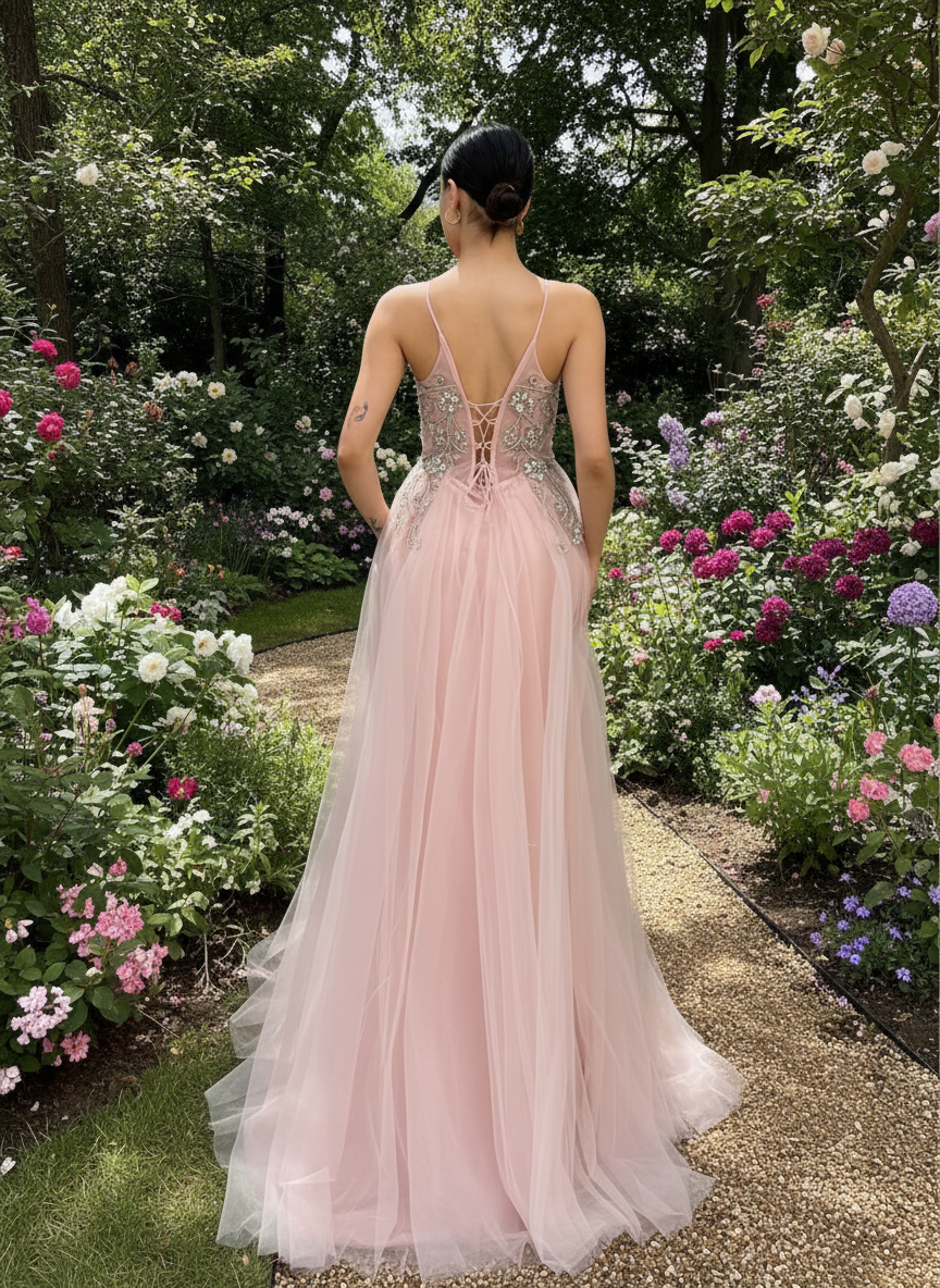 Blush Pink Crystal Embellished Tulle Gown with Lace-Up Back - Custom Order