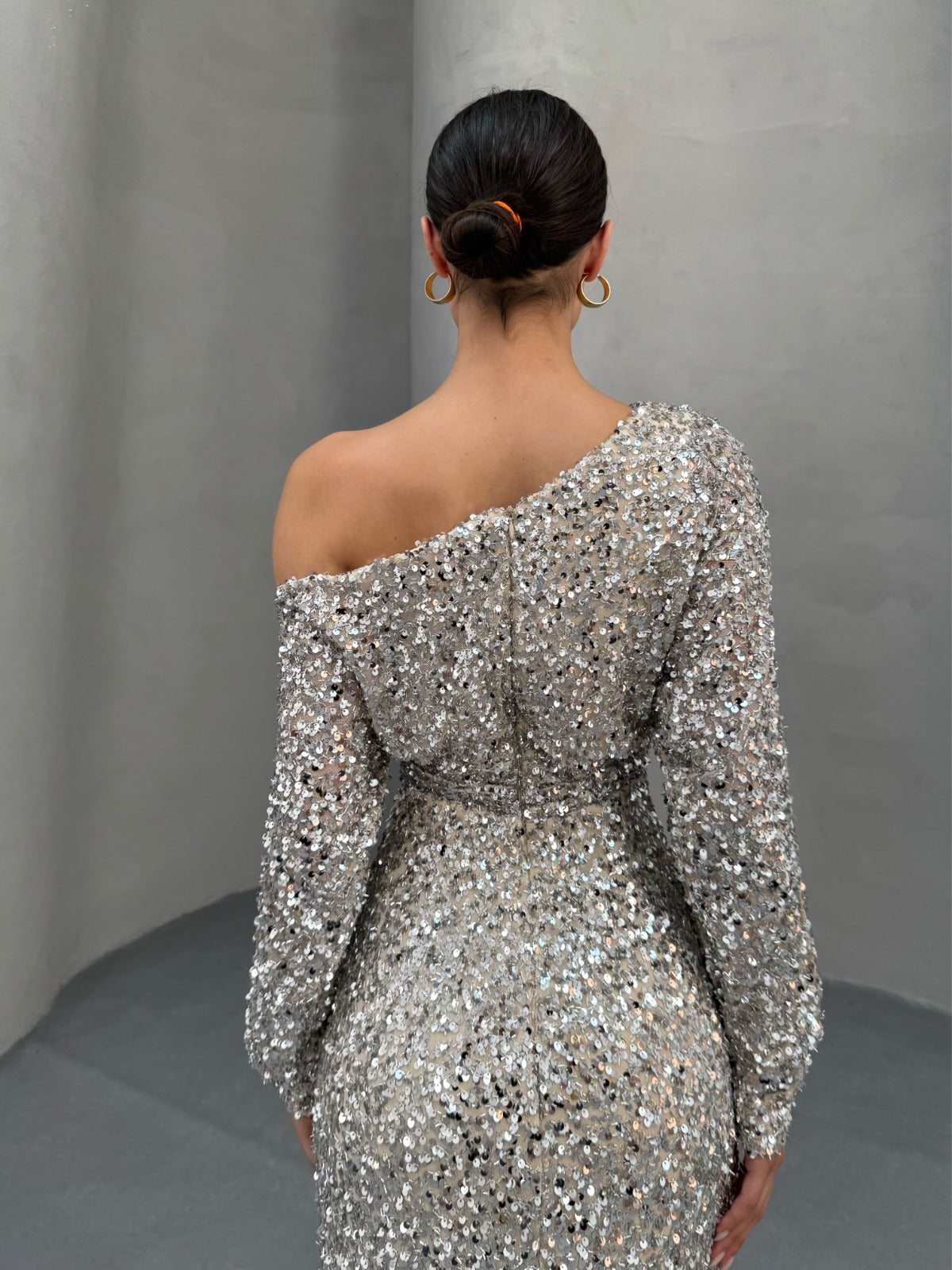 Silver Sequin One Shoulder Mermaid Gown with Front Slit - Custom Order