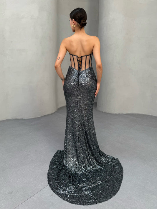 Dark Silver Sequin Plunge Neck Mermaid Gown with Corset Back - Custom Order
