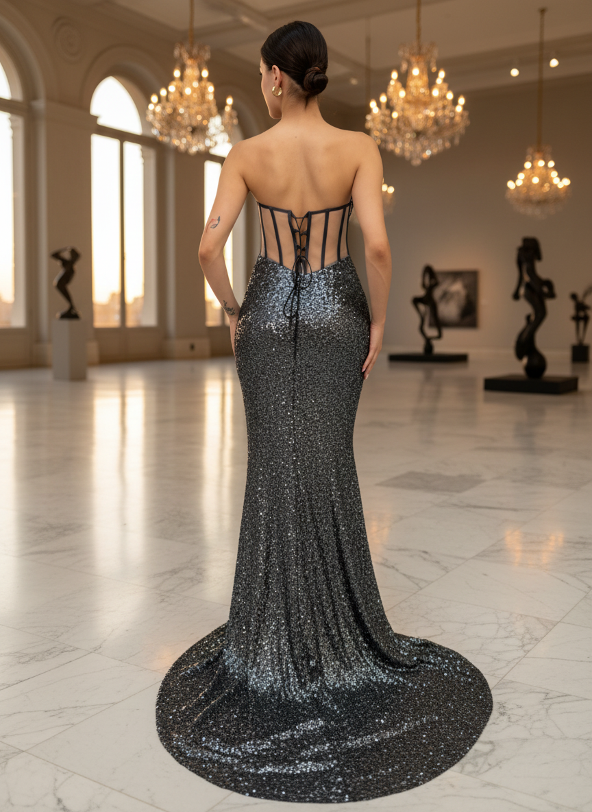 Dark Silver Sequin Plunge Neck Mermaid Gown with Corset Back - Custom Order