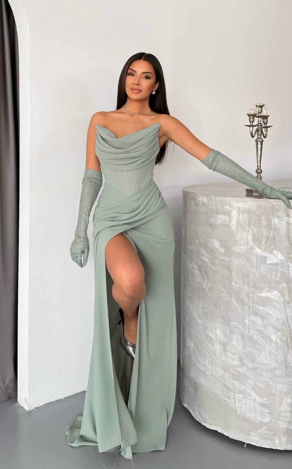 White Cowl Neck Pearl Embellished Satin Evening Gown - Made to Order