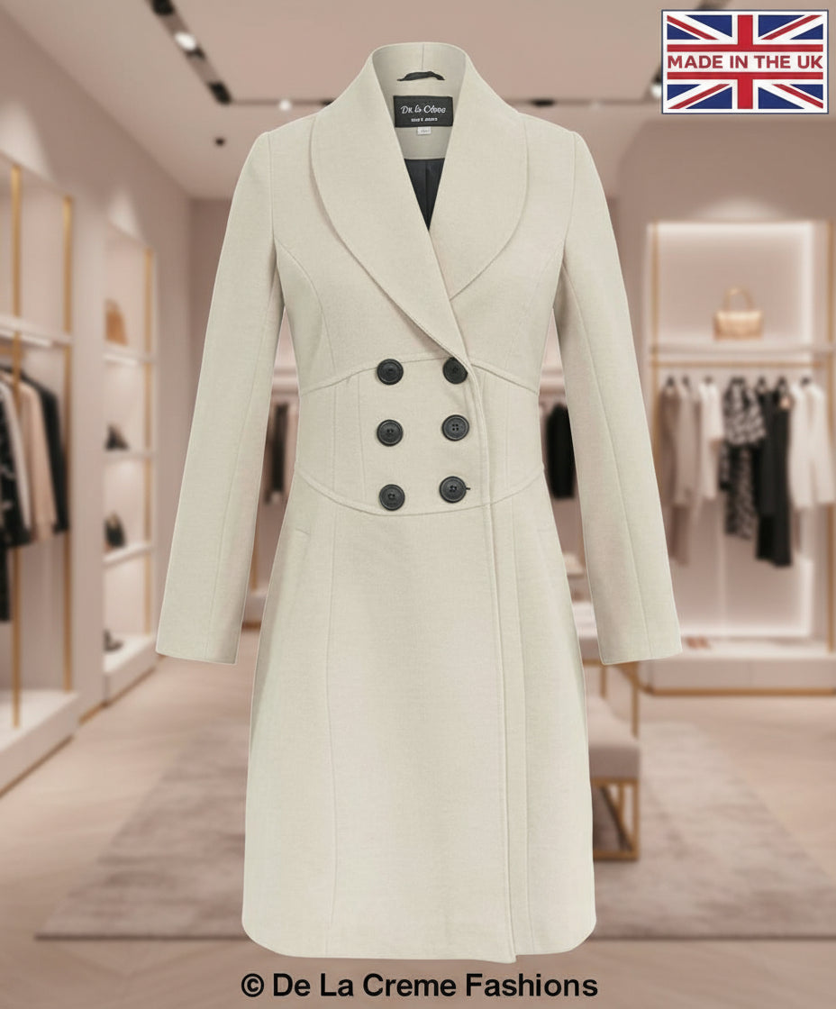 De La Creme - Womens Slim Fit Double Breasted Roll Collared Coat