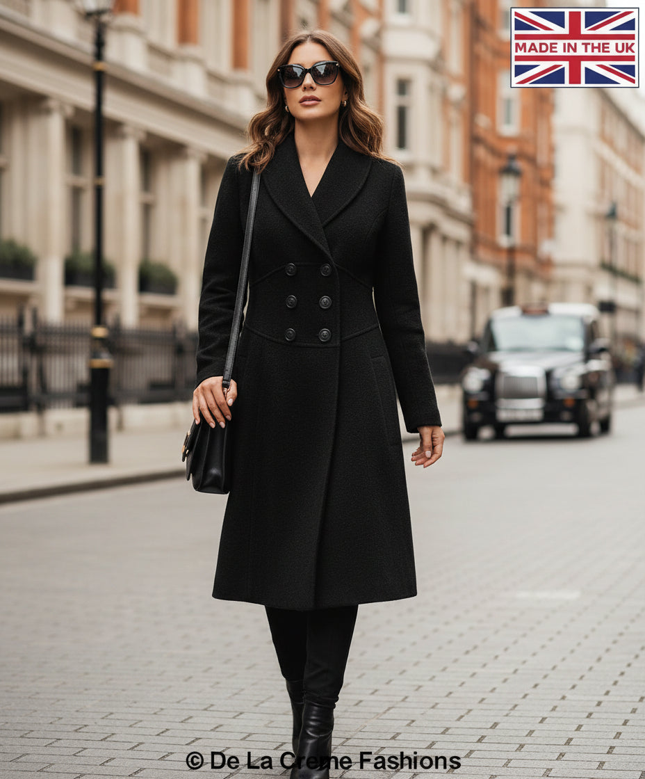 De La Creme - Womens Slim Fit Double Breasted Roll Collared Coat