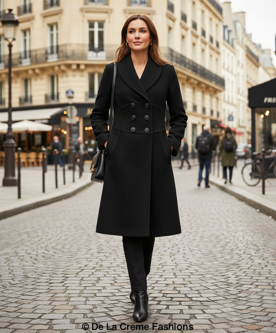 De La Creme - Womens Slim Fit Double Breasted Roll Collared Coat