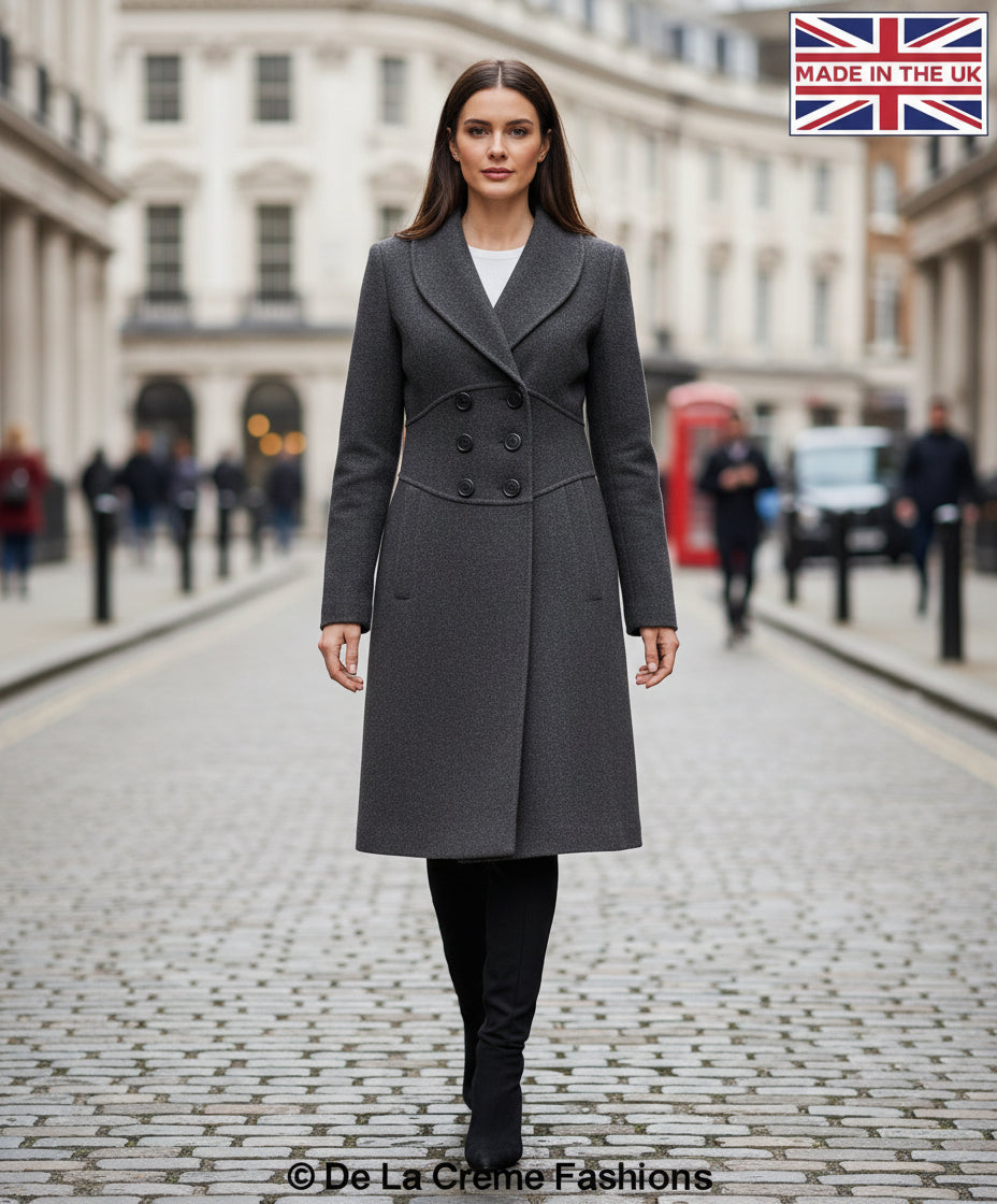 De La Creme - Womens Slim Fit Double Breasted Roll Collared Coat