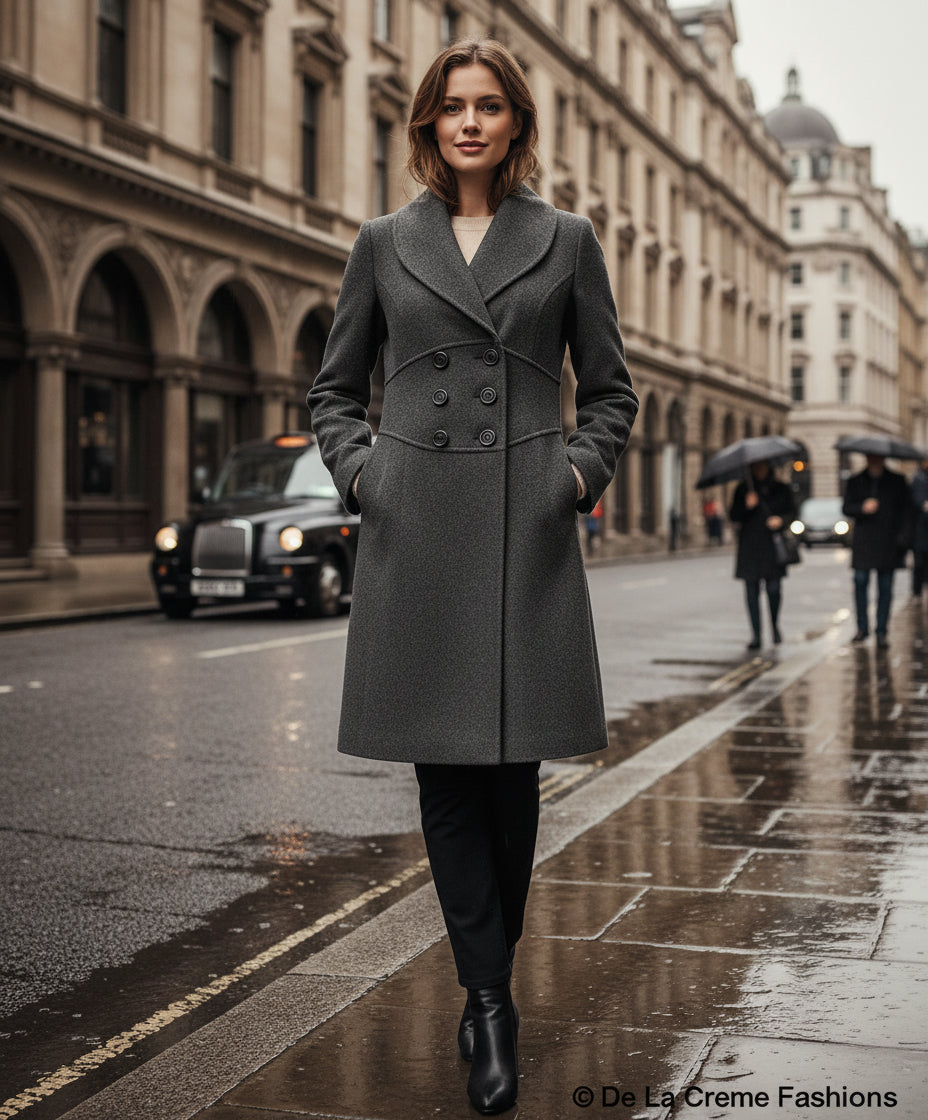 De La Creme - Womens Slim Fit Double Breasted Roll Collared Coat