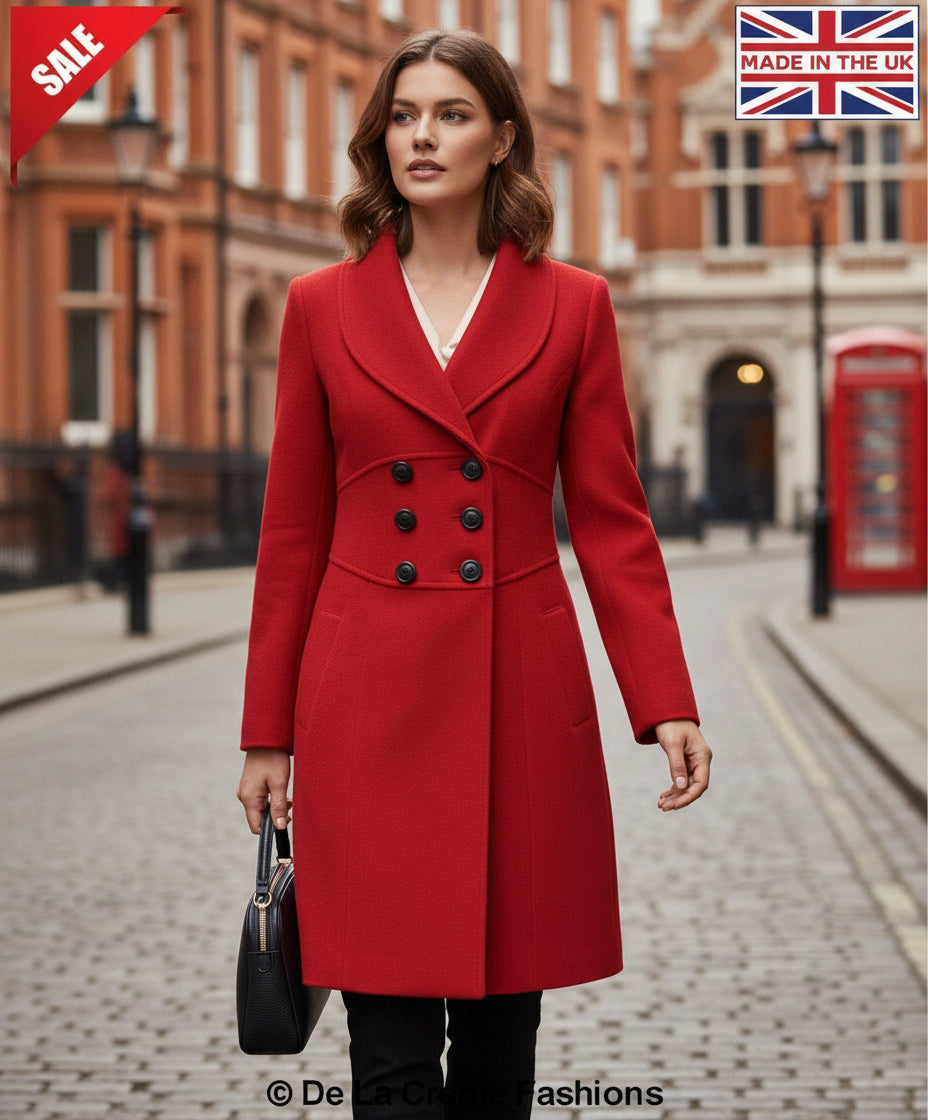 De La Creme - Womens Slim Fit Double Breasted Roll Collared Coat