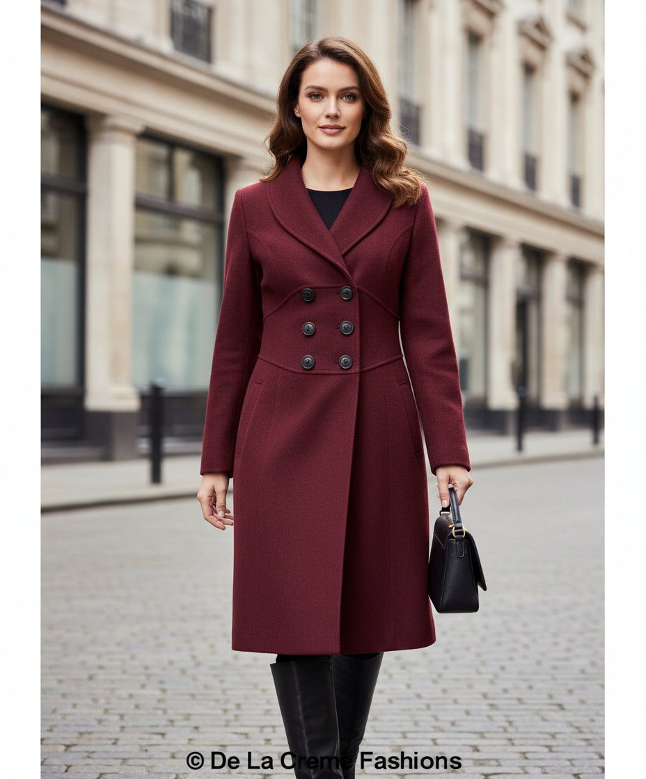 De La Creme - Womens Slim Fit Double Breasted Roll Collared Coat