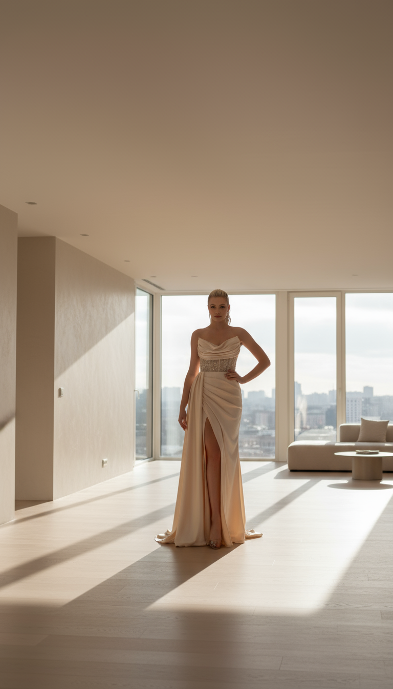 Luxury Draped Satin Evening Gown with Crystal Belt | WS-20-25-D | 4 Colours